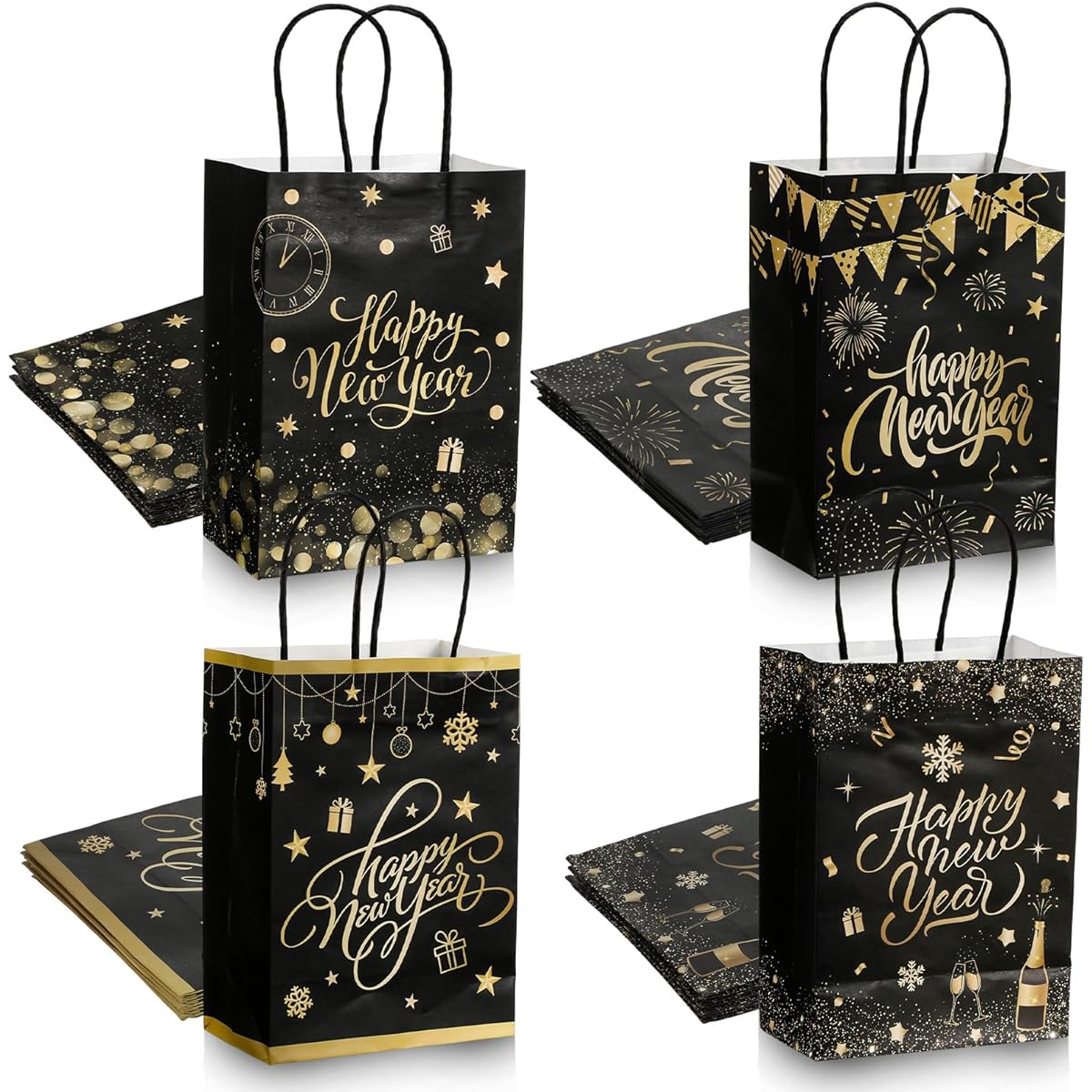 Geyoga 24pcs Happy New Year Party Favors Gift Bags with Handles New Year's Eve Party Paper Bags 5.9 x 3.1 x 8.2 Inch for New Year's Eve Party Festival Holiday Party Decorations
