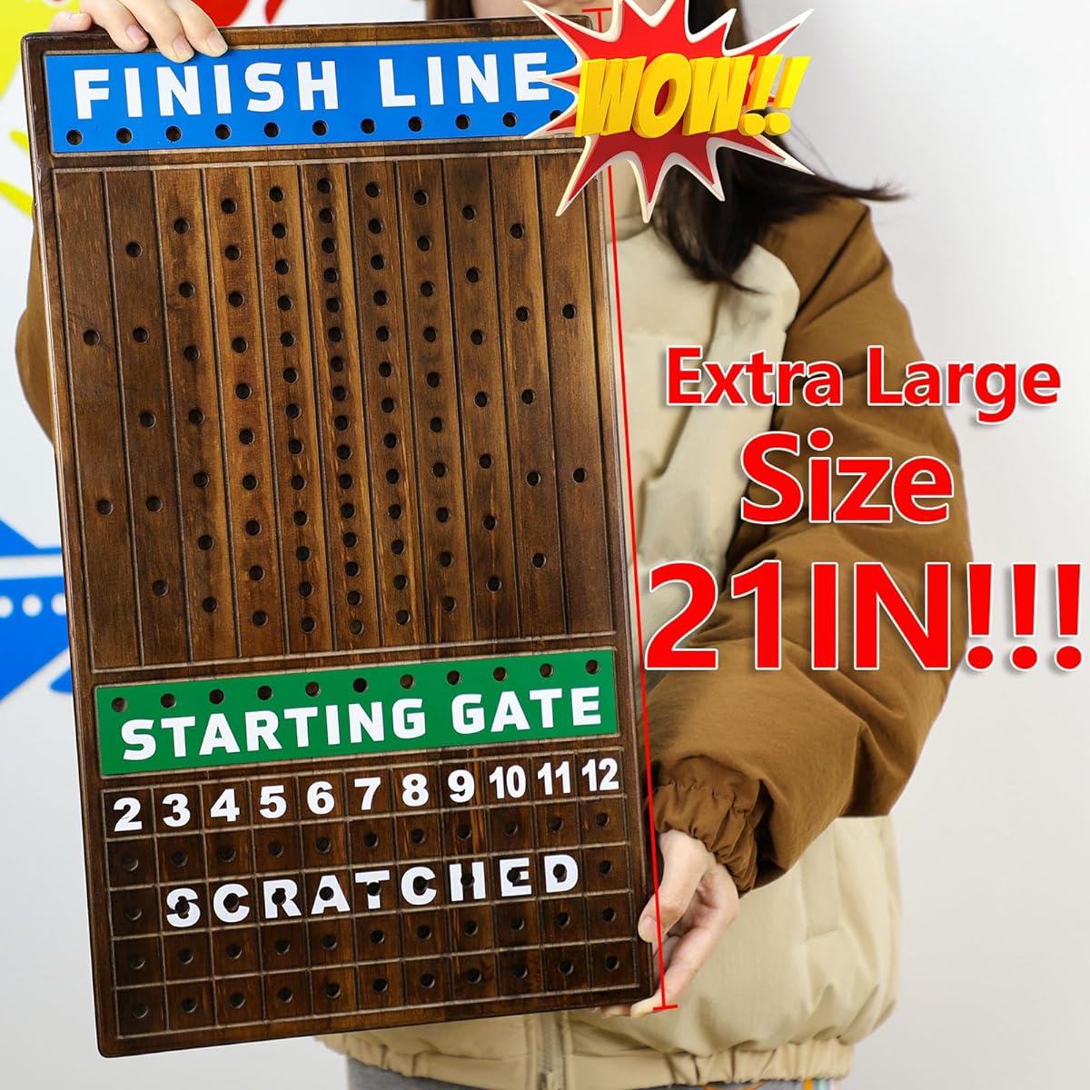 Grhonior Finish LINE Horse Racing Board Game, Race Board Game, Premium Metal Craft Horses, Thick Pine Game, Chess Board, Comes with 2 Sets of Dice and 2 Boxes of Cards (Fiery Color)