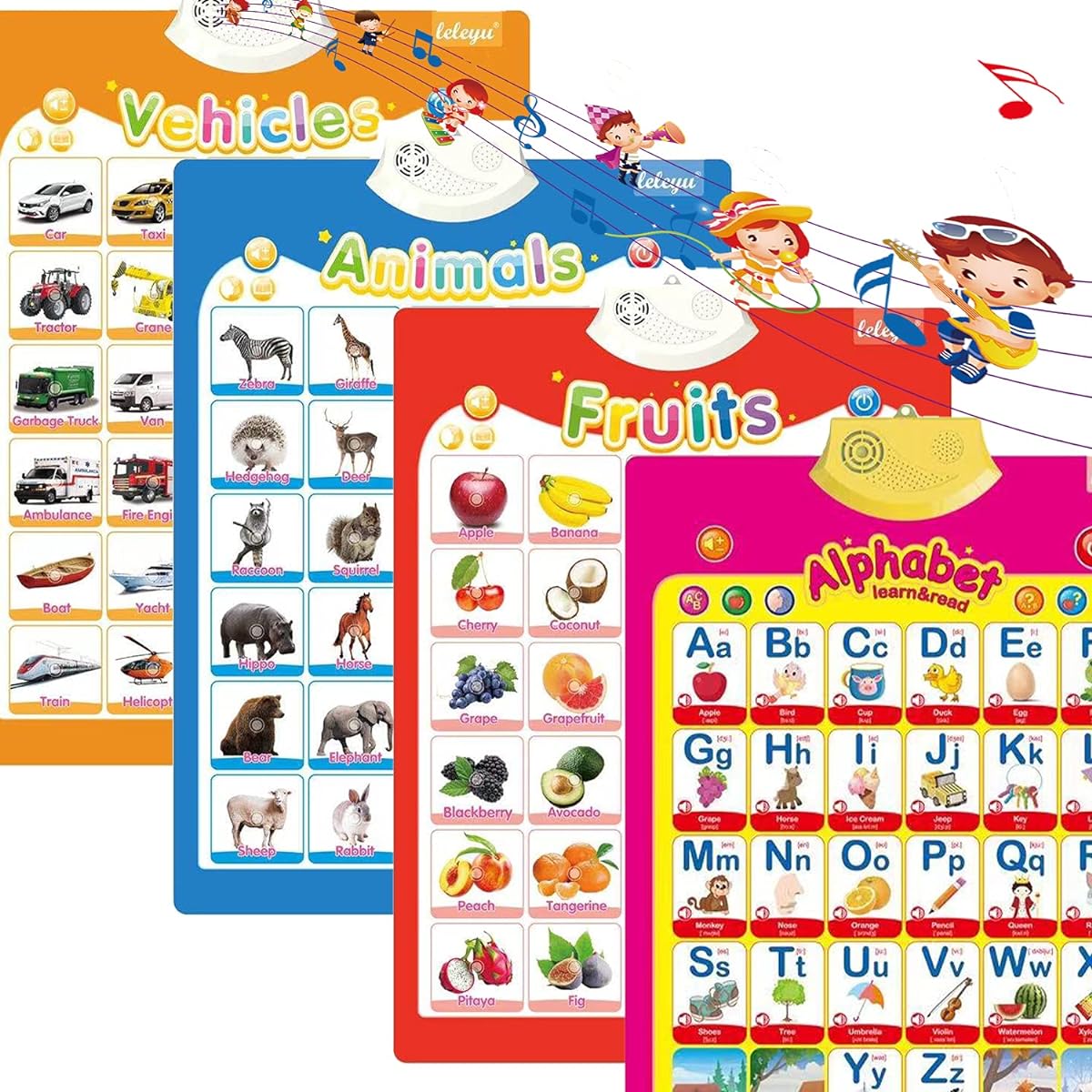 FUNWISH 4 Pieces Electronic Interactive Alphabet Wall Chart, Toddler Learning Activities Electronic Alphabet Poster Wall Chart Early Education ABC Music Fruits Cars Animals