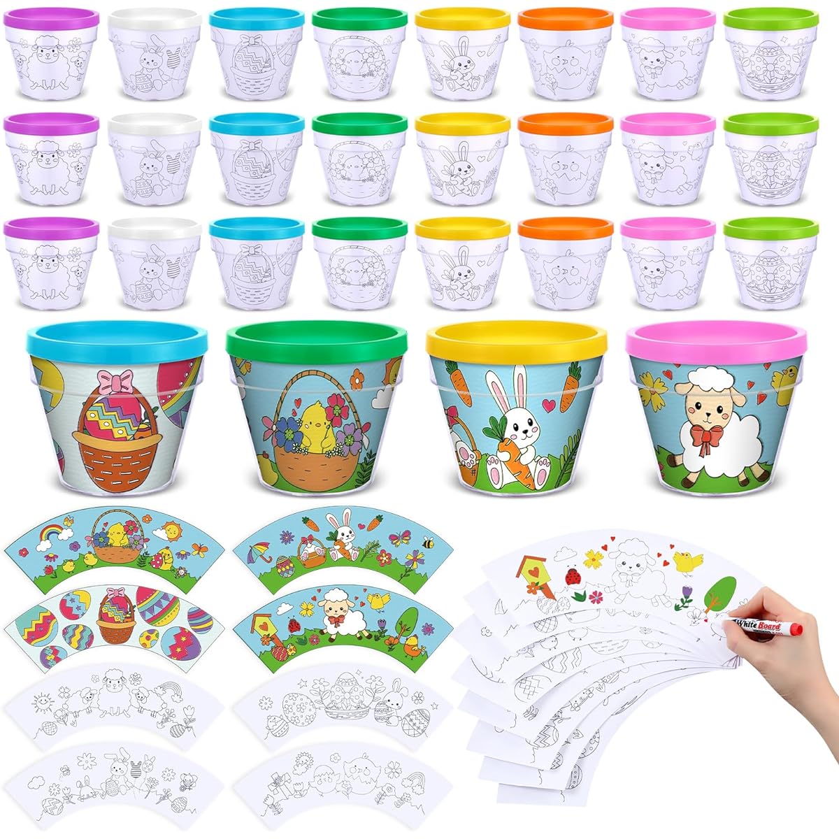 Meanplan 24pcs Easter DIY Flower Pots for Kids Artist Flower Pots Bulk Easter Garden Pots Craft Kit for Children Easter Gifts Fun Home School Classroom Activities