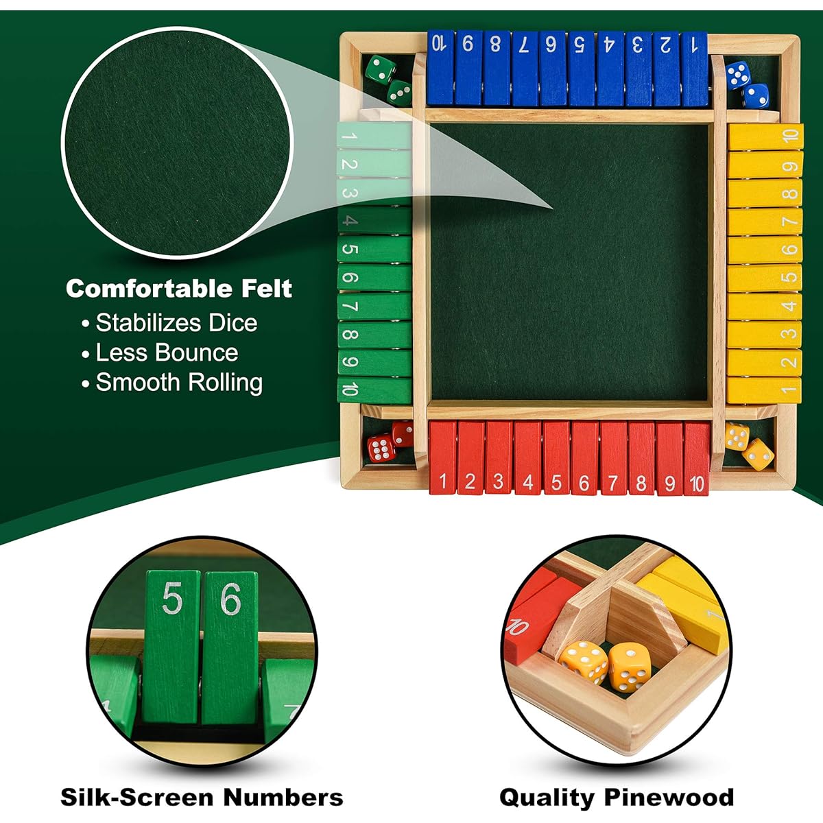 Wooden Shut The Box - Indoor Dice Game - Perfect for 2-4 Players - Family Game - Colorful Design - Comfortable Felt - Smart Math Game - Fun Learning Board Game - Nice Gift Packaging