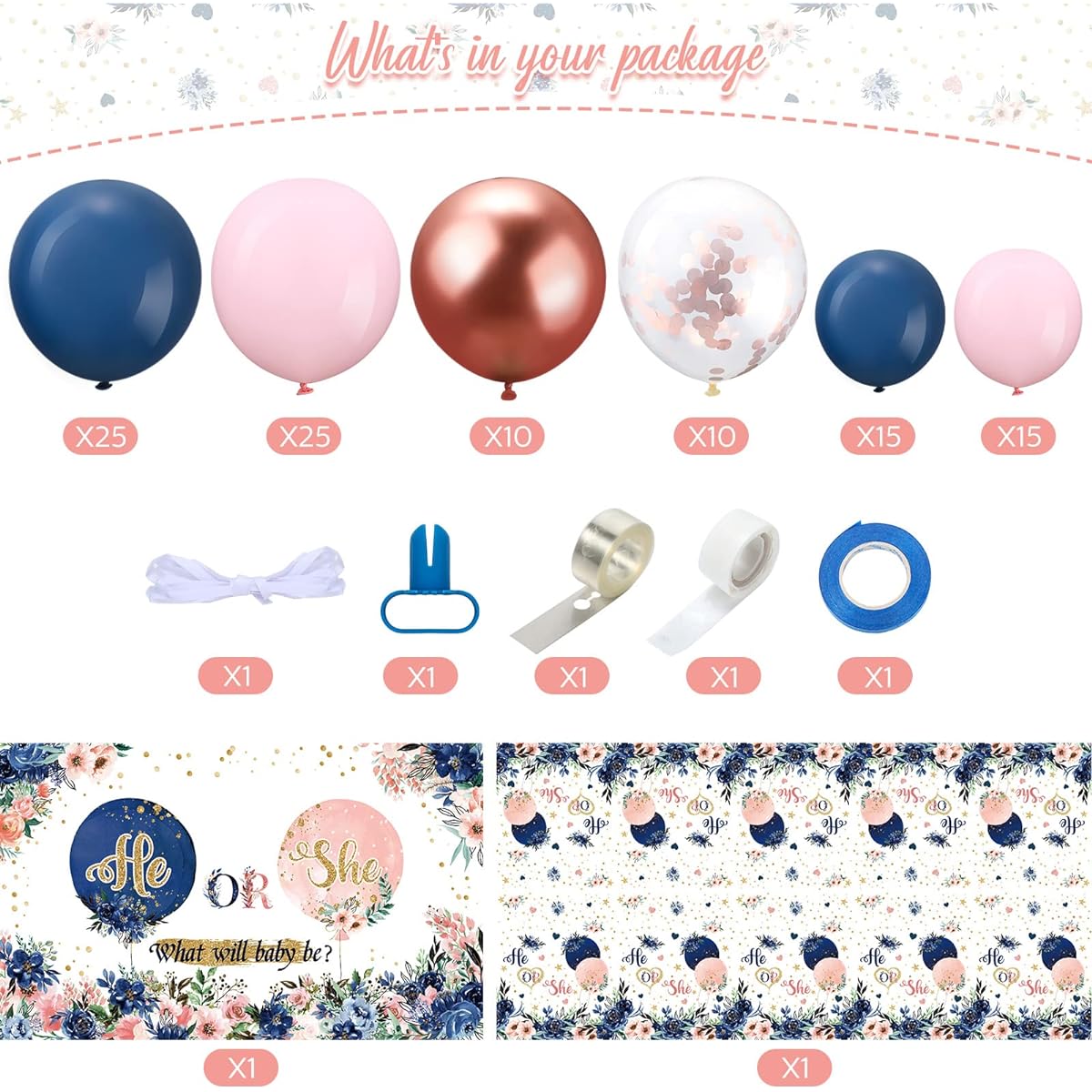 107 Pieces Gender Reveal Party Decorations Navy and Blush His or Her Party Supplies Backdrop Banner with Tablecloth and Balloons for Boys/Girls Gender Reveal Baby Shower Party Decorations