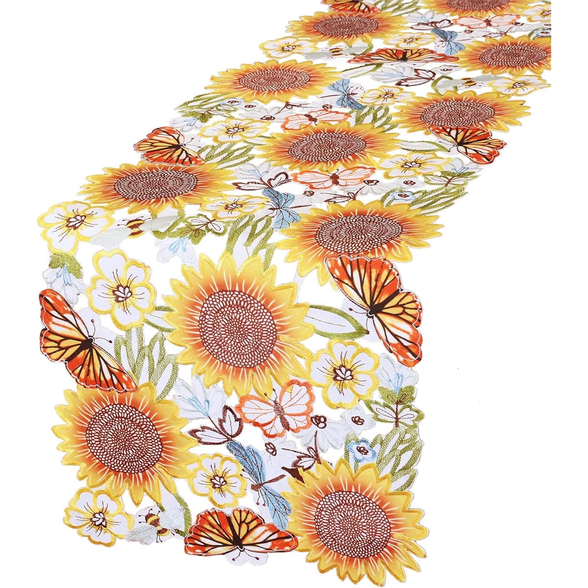 Simhomsen Sunflower and Butterfly Embroidered Table Runner Dresser Scarf for Spring/Summer (14" x 69")