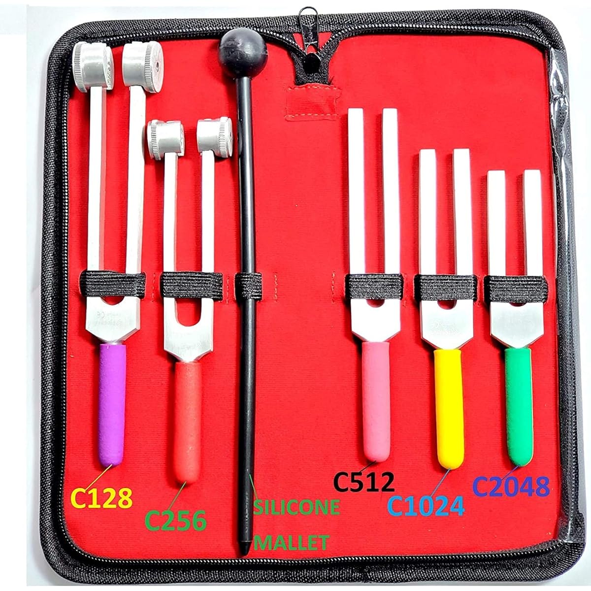 CYNAMED Tuning Fork Set - Tuning Fork Weight Aluminum Clinical Grade Neuro/Sensory Silicone Hammer Non-Slip Better Grip Color Coded Handle