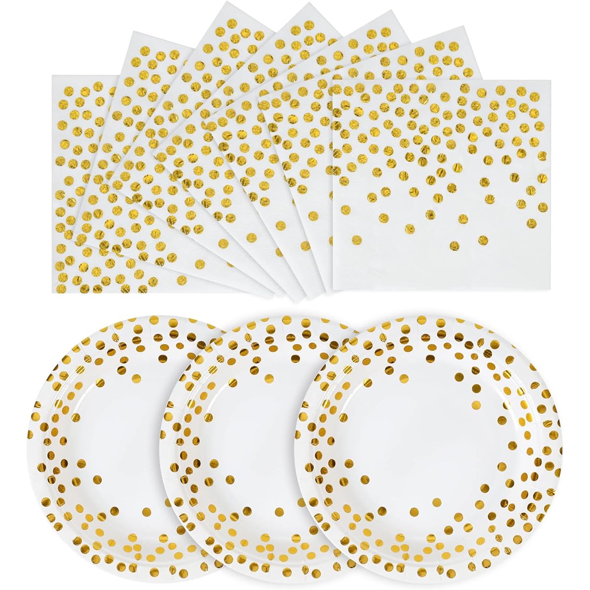 100 Pack Disposable Paper Plates - White and Gold Paper Plates 50 x 7" & Gold Dot Napkins 50 x 6.5" Paper Plates Napkins Party Supplies for Weddings, Birthdays, Bridal Parties and Any Occasion
