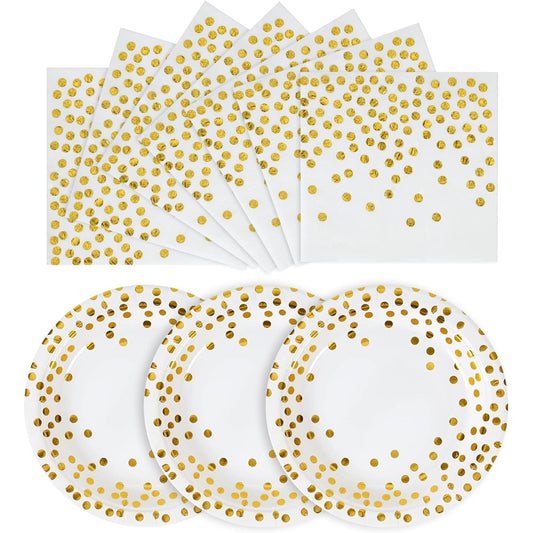 100 Pack Disposable Paper Plates - White and Gold Paper Plates 50 x 7" & Gold Dot Napkins 50 x 6.5" Paper Plates Napkins Party Supplies for Weddings, Birthdays, Bridal Parties and Any Occasion