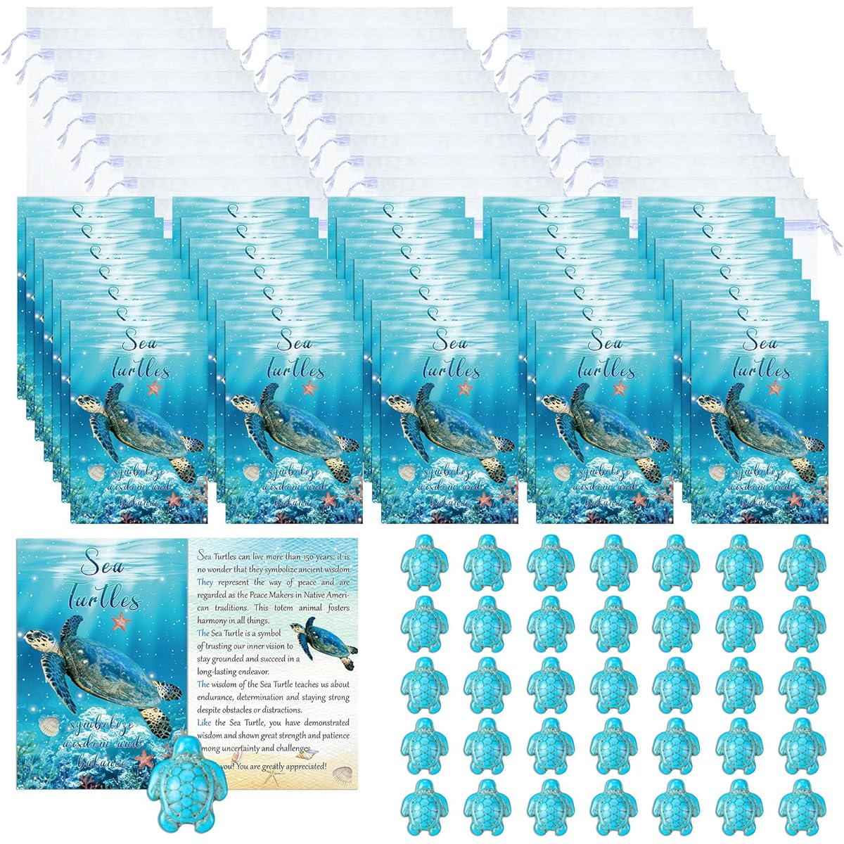 Sea Turtle Appreciation Gift Set - 45 Sets Sea Turtle Gifts - 45 Sea Turtle Greeting Cards with Wisdom Messages, 45 Mini Sea Turtles, 45 Organza Bags for Employees, Students, Hospice