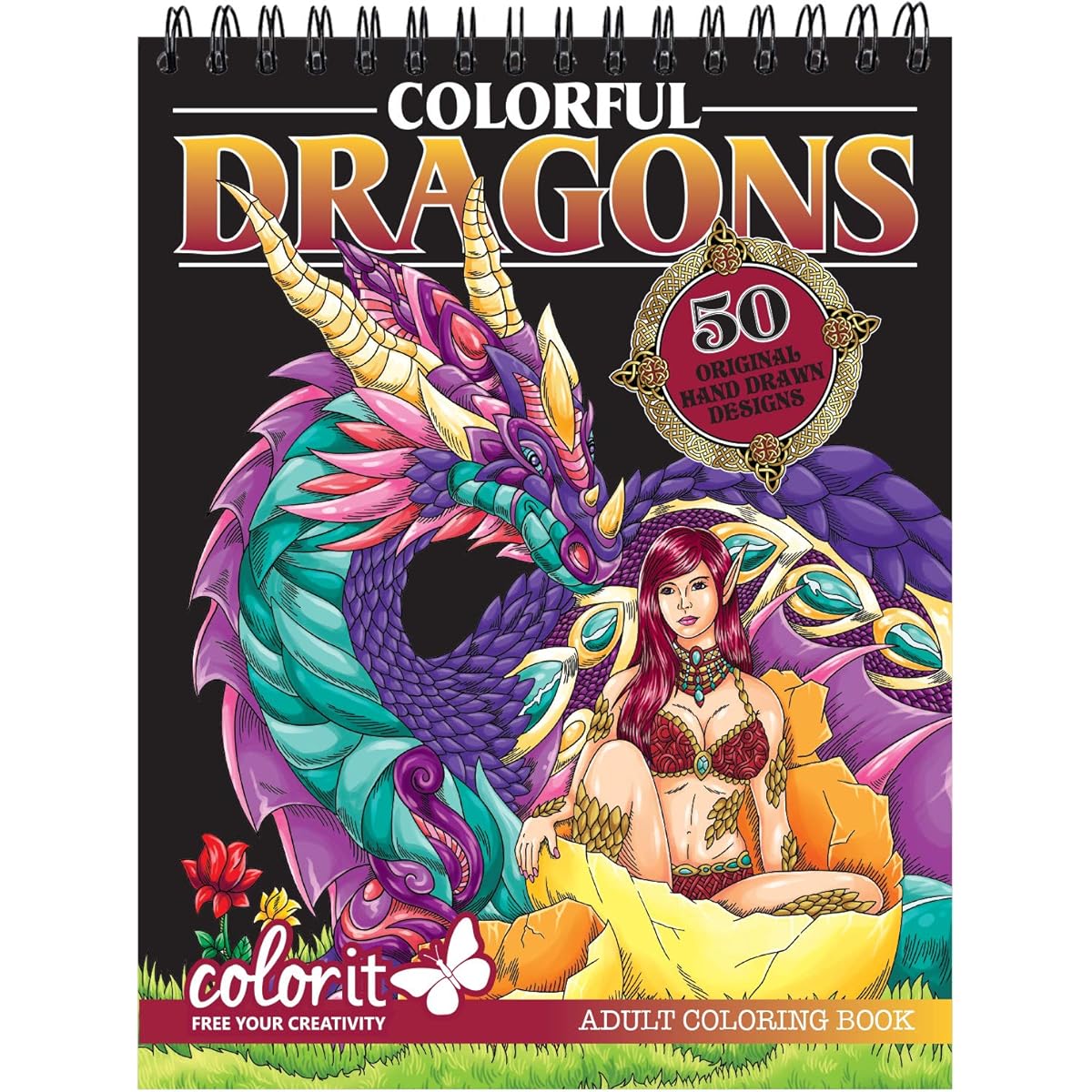 ColorIt Colorful Dragons Adult Coloring Book - 50 Sheets, Single Sided Design, Thick Smooth Paper, Layflat Hardcover, Spiral Bound, USA Print, Color from the Dragon Pages (Volume I)