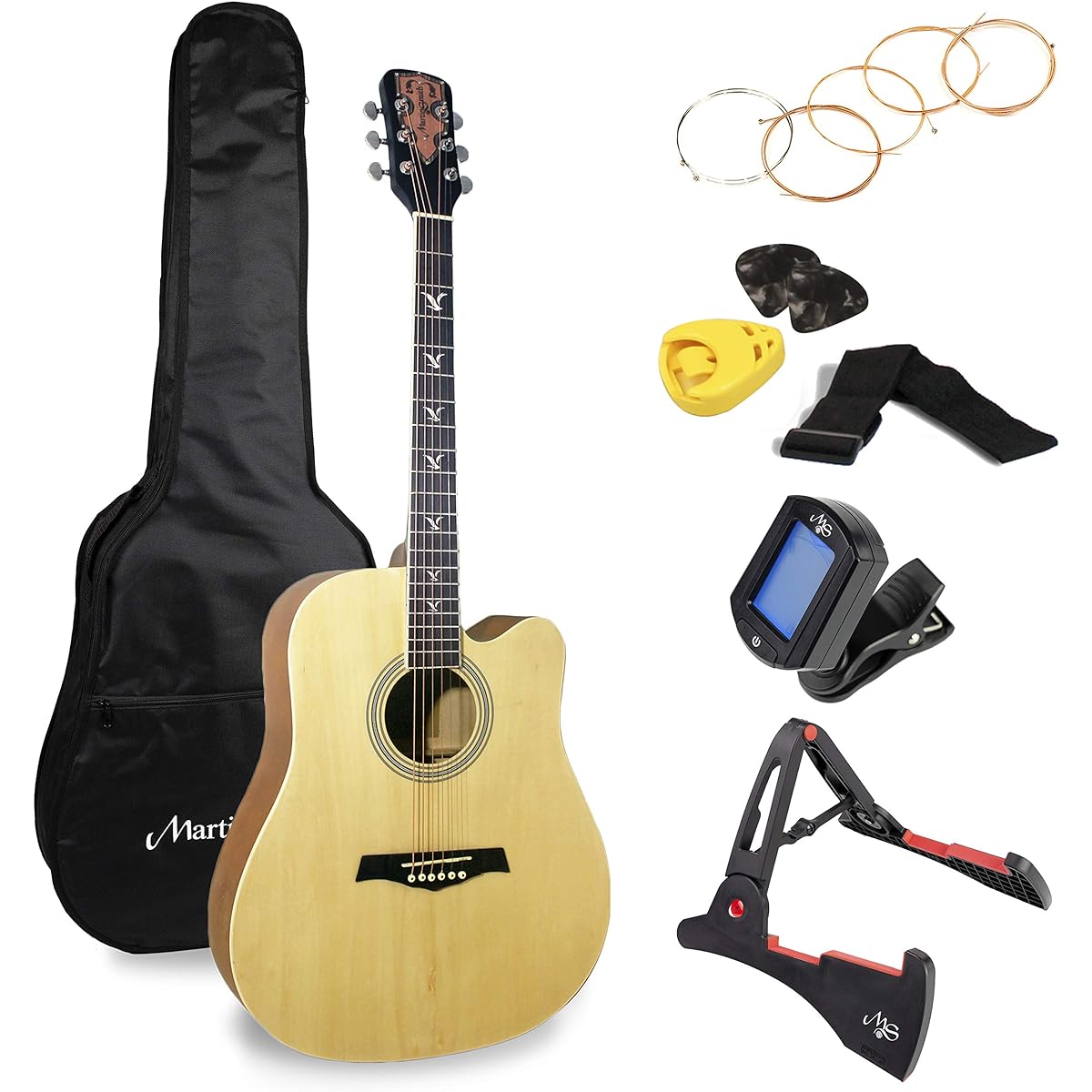 Martin Smith Acoustic Guitar Beginner Guitar Set Cutaway Natural (Tuner, Guitar Bag, Stand, Guitar Strings, Holder)