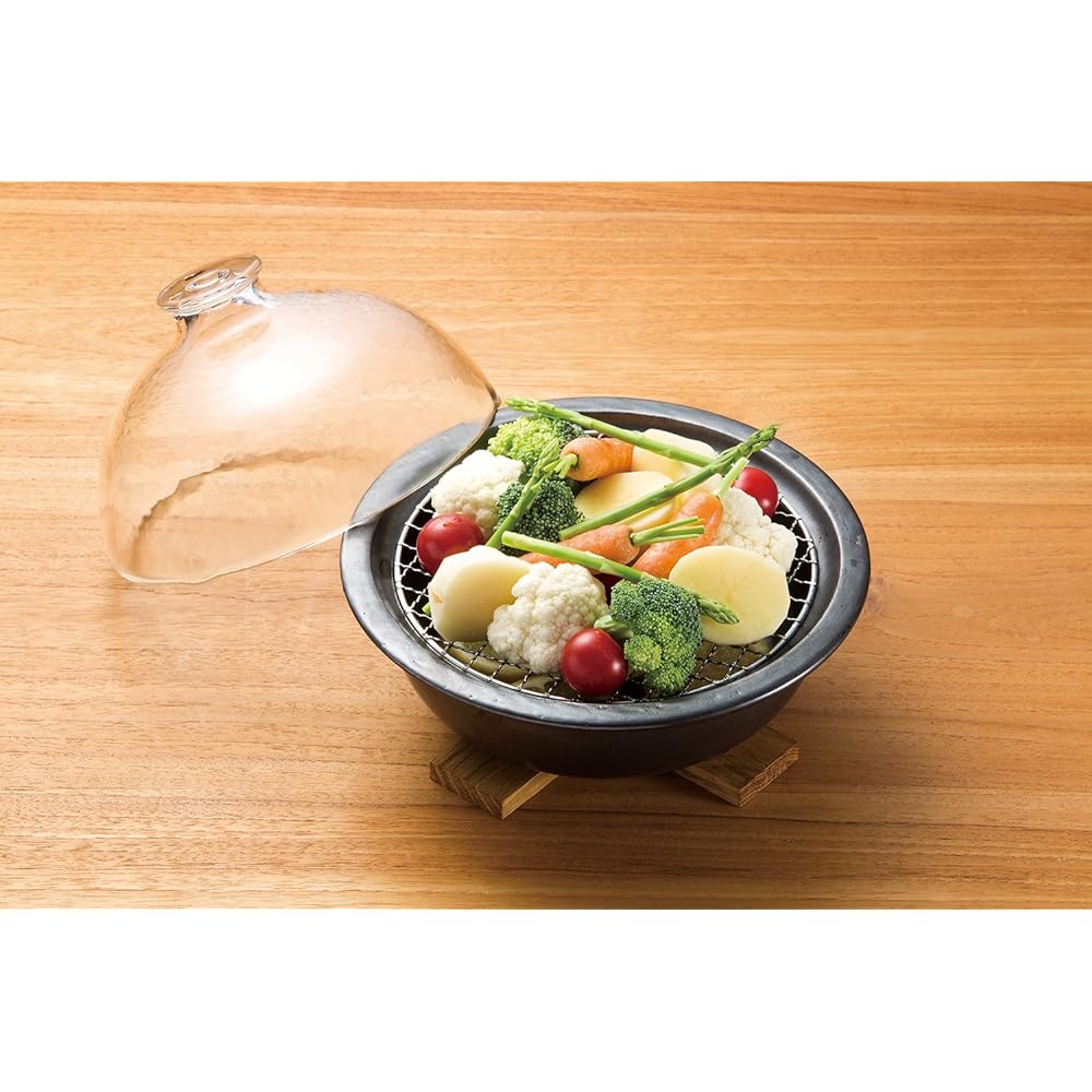 Adelia Earthen pot Mankoyaki Smoking pot Glass dome cooker with recipe [Diameter 22.3 x Height 7.2cm/Microwave/Open flame compatible] F-71715