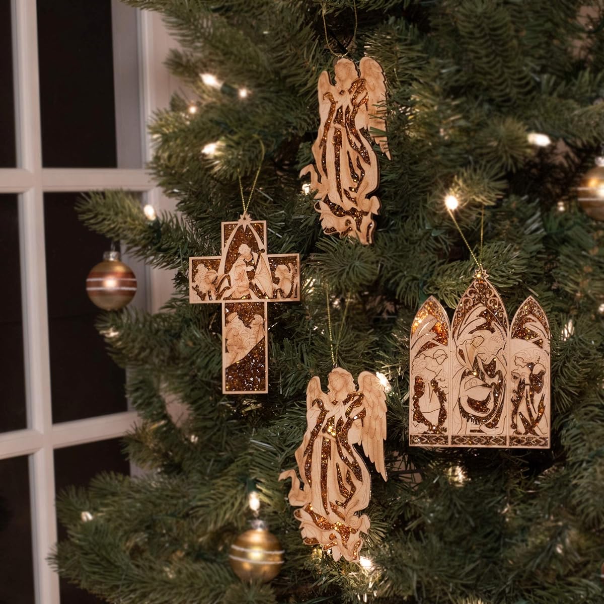 Roman 133063 Nativity Mosaic and Wooden Ornament, 5.25", Brown