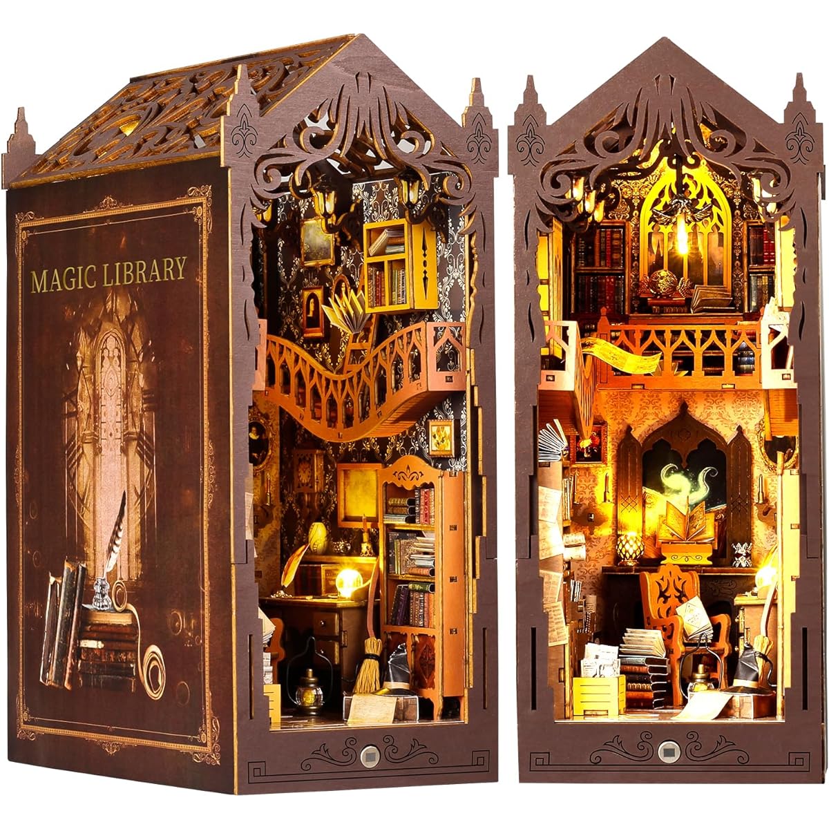 TuKIIE DIY Book Nook Miniature Kit, Book Nook Dollhouse Bookshelf Insert with Sensor Light & Dustproof Wooden Decorative Bookend Stand Model Kit for Kids/Teens/Adults(Magic Library)