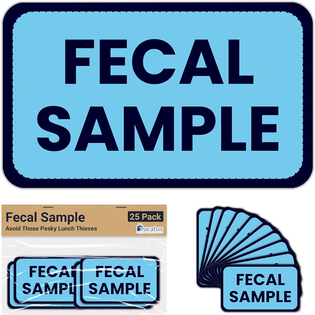 Hilarious 25 Pack Mail Sample Stickers 1.4" x 2.5" Blue Decal Set Protect your lunch, label random objects, and spread hilarious. Funny gag gift and practical joke idea. Novelty stocking stuffer