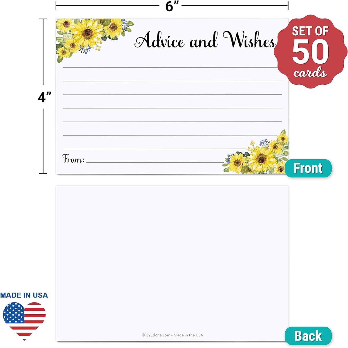 321Done Advice and Wishes Cards, Sunflowers, 50 Cards, 4x6, Watercolor Floral, Wedding, Bridal, Retirement, Graduation, Anniversary, Made in the USA, White