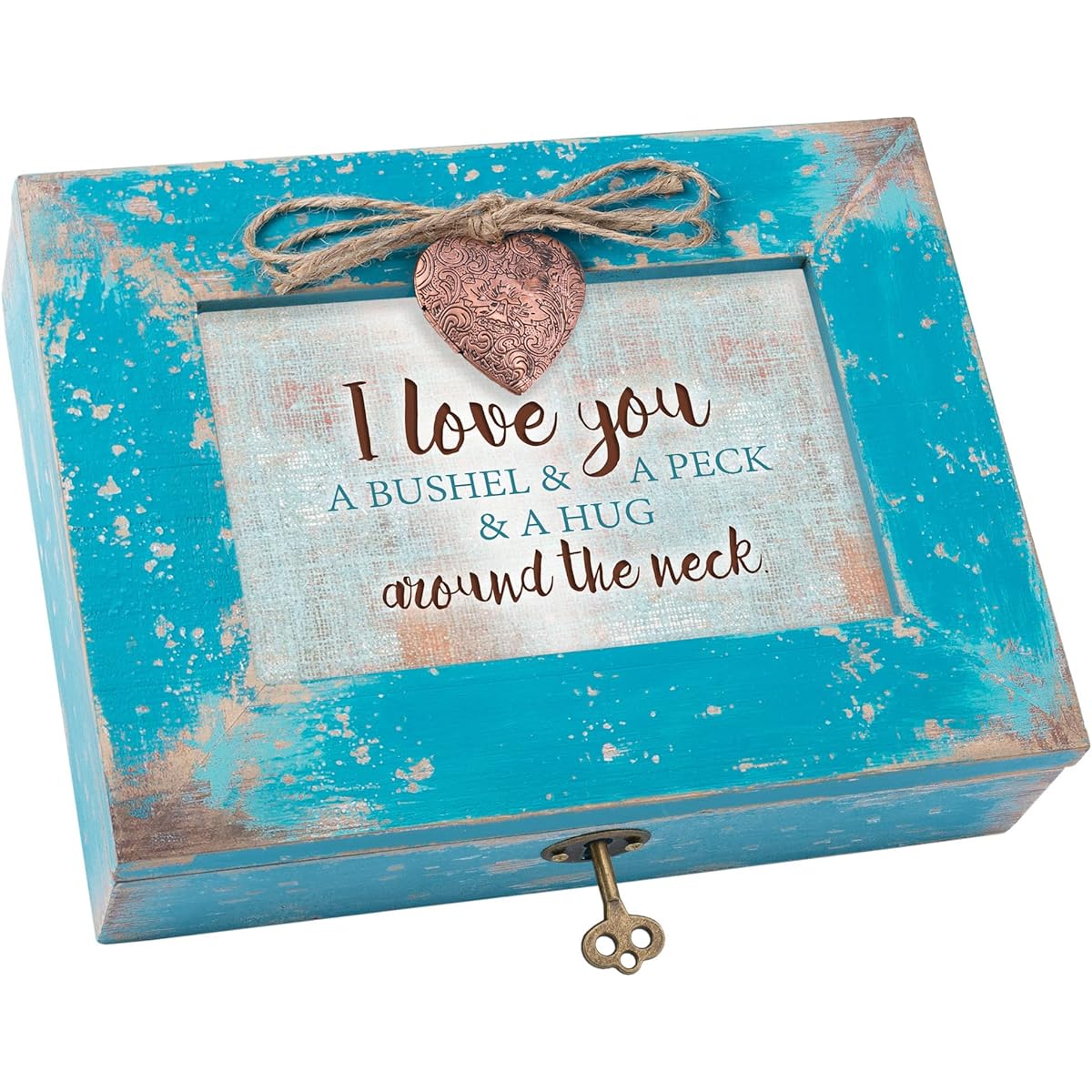 I Love You a Bushel and a Peck Teal Wood Locket Jewellery Music Box Plays Tune You are my Sunshine