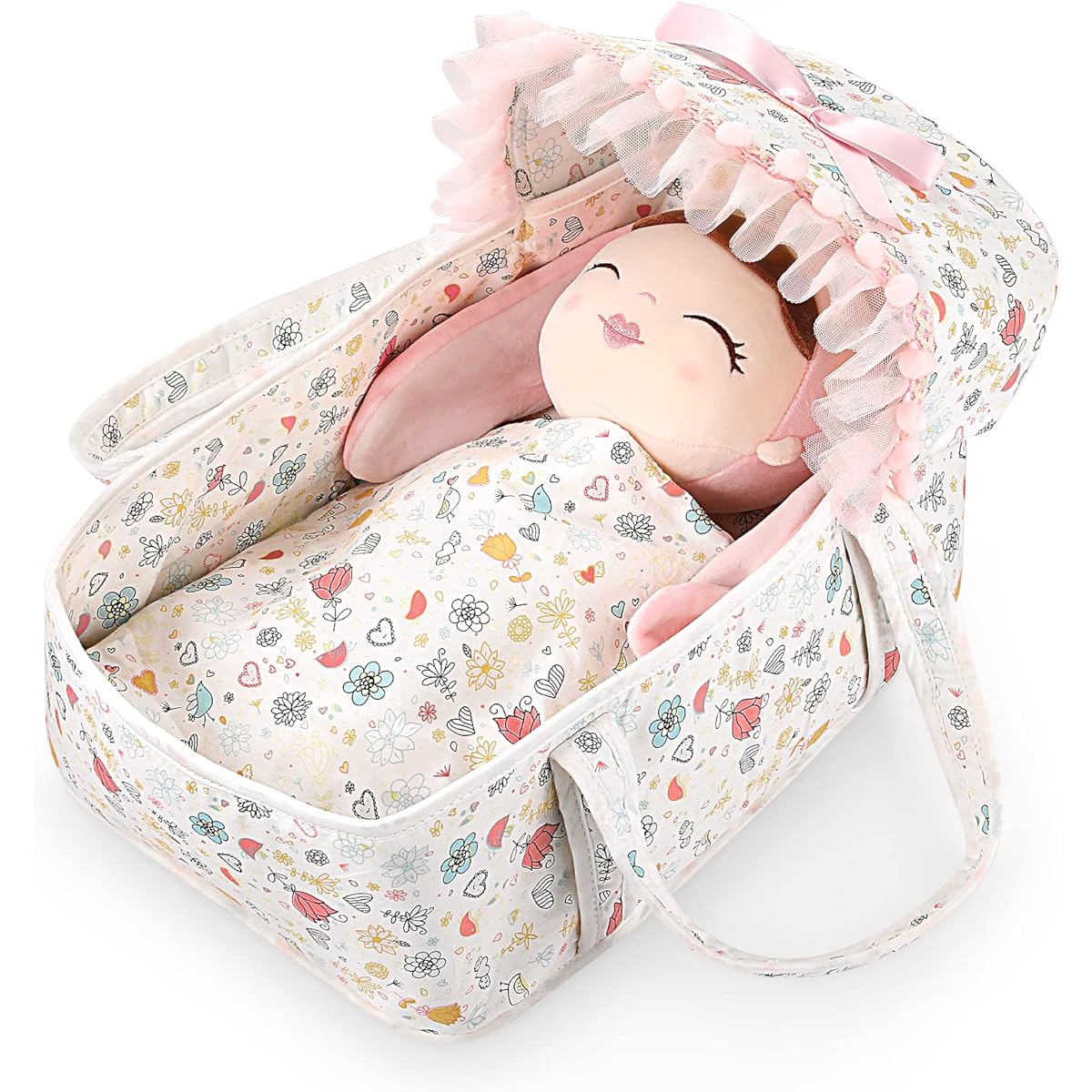 GAGAKU Soft Baby Doll Bassinet with Lace Canopy and Pillow Blanket 3 Piece Doll Carry Cot Set Play Baby Doll Carrier 13 Inch - Pink Rose Garden