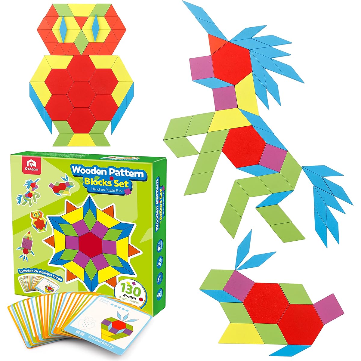 Coogam Wooden Pattern Blocks Set 130 Pieces Geometric Color Shape Manipulative Puzzle - Graphical Montessori Tangram Early Learning Educational Toys Brain Teasers STEM Gifts for Kids with 24 Design Cards