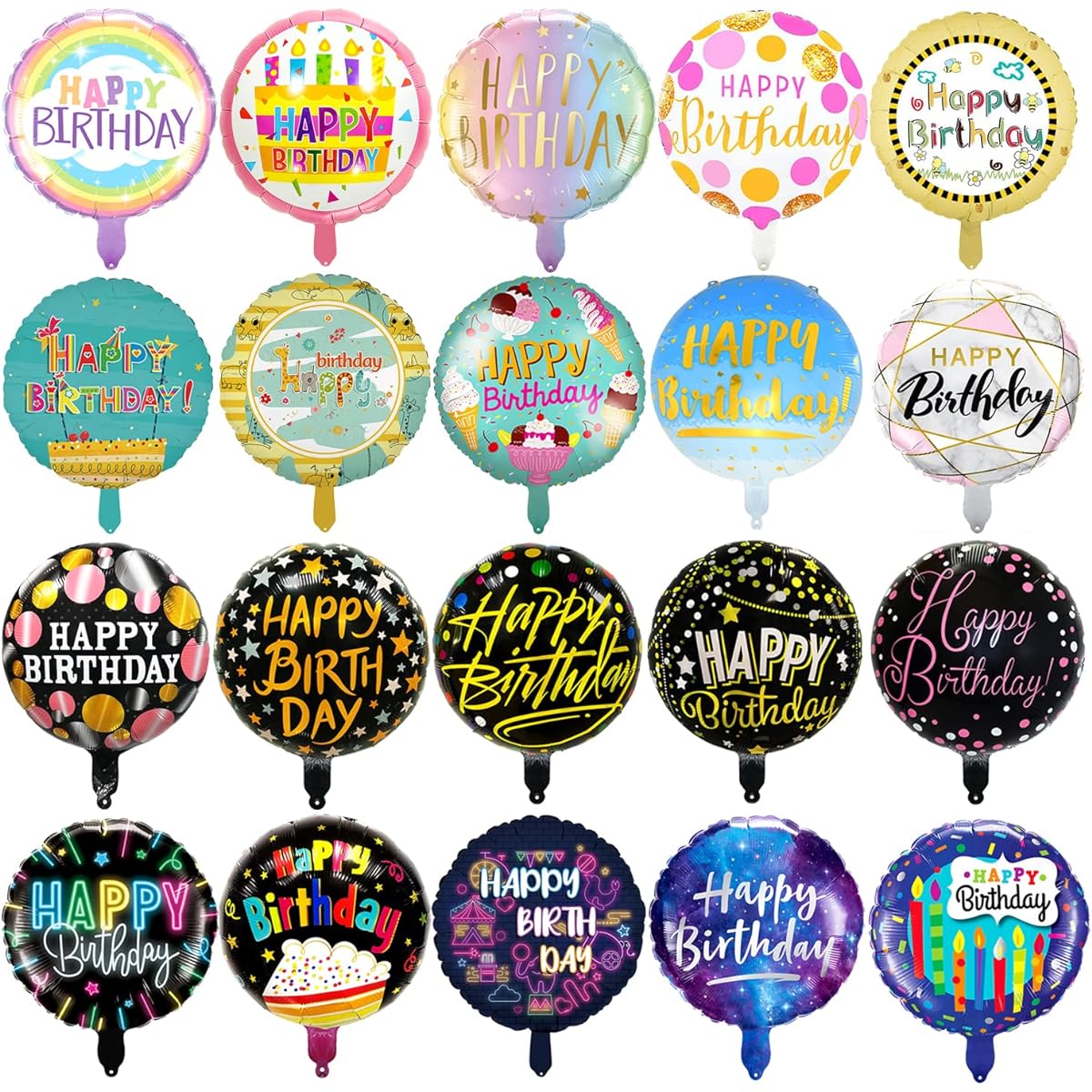 40pcs Happy Birthday Balloons 18 Inch Round Foil Mylar Balloons Birthday Party Decoration Supplies with 20 Different Patterns