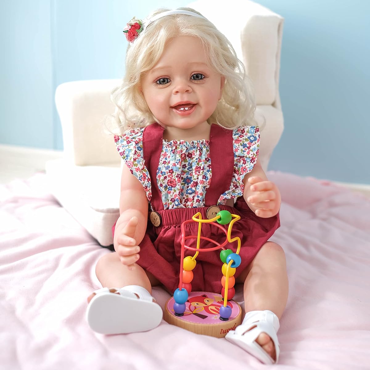 ROSHUAN Lifelike Reborn Baby Toddler Doll Silicone Full Body Real Blonde Hair Real Life Silicone Baby Doll 22 Inch Smile Girl with Teeth Gift Set for Kids