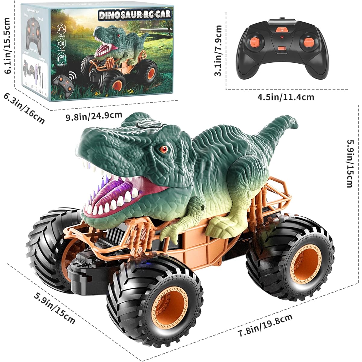 Bennol Remote Control Dinosaur Car 2.4Ghz Radio Control Truck for Toddlers Electric Hobby RC Car Toy with Lights & Sound Sprays Birthday Gift for 3 4 5 6 7 8 Years Old Kids Boys Girls