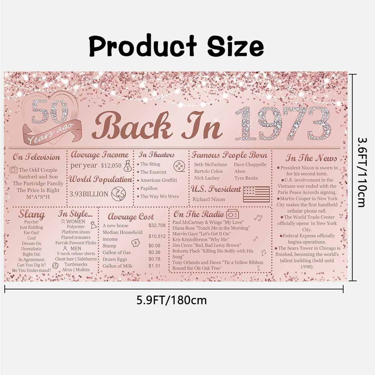 1973 Banner 50th Birthday Decorations for Women Rose Gold