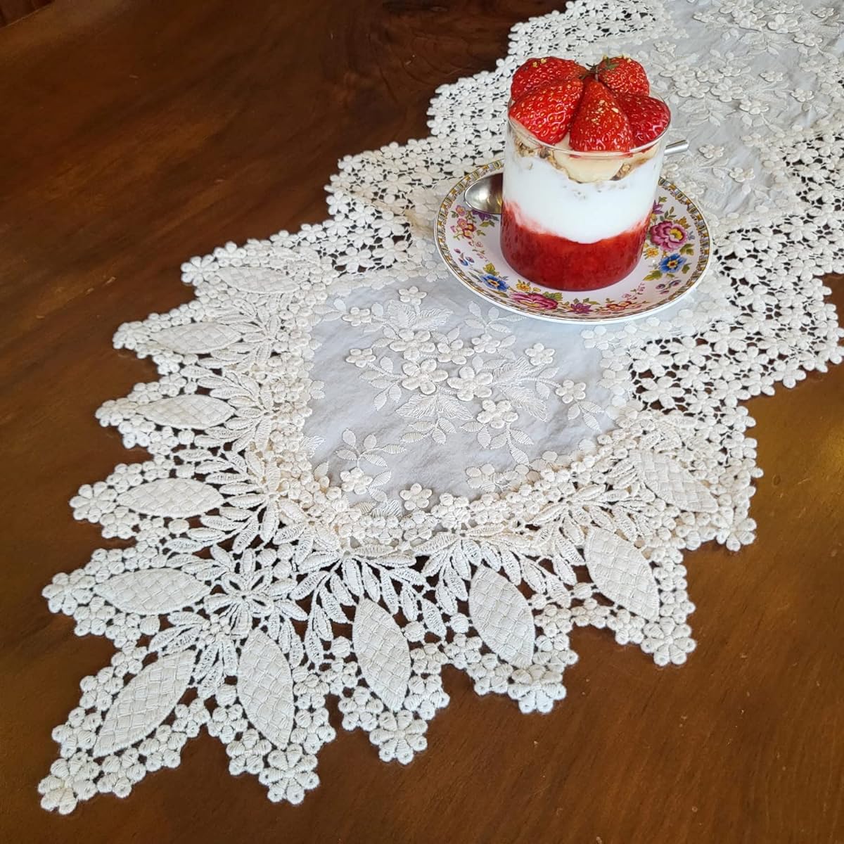 LACELY Flower Table Lace Runner Patches Embroidered Holiday Wedding Picnic Daily Dinner Table Decor (Cotton 12" x 50" (31 x 130cm)