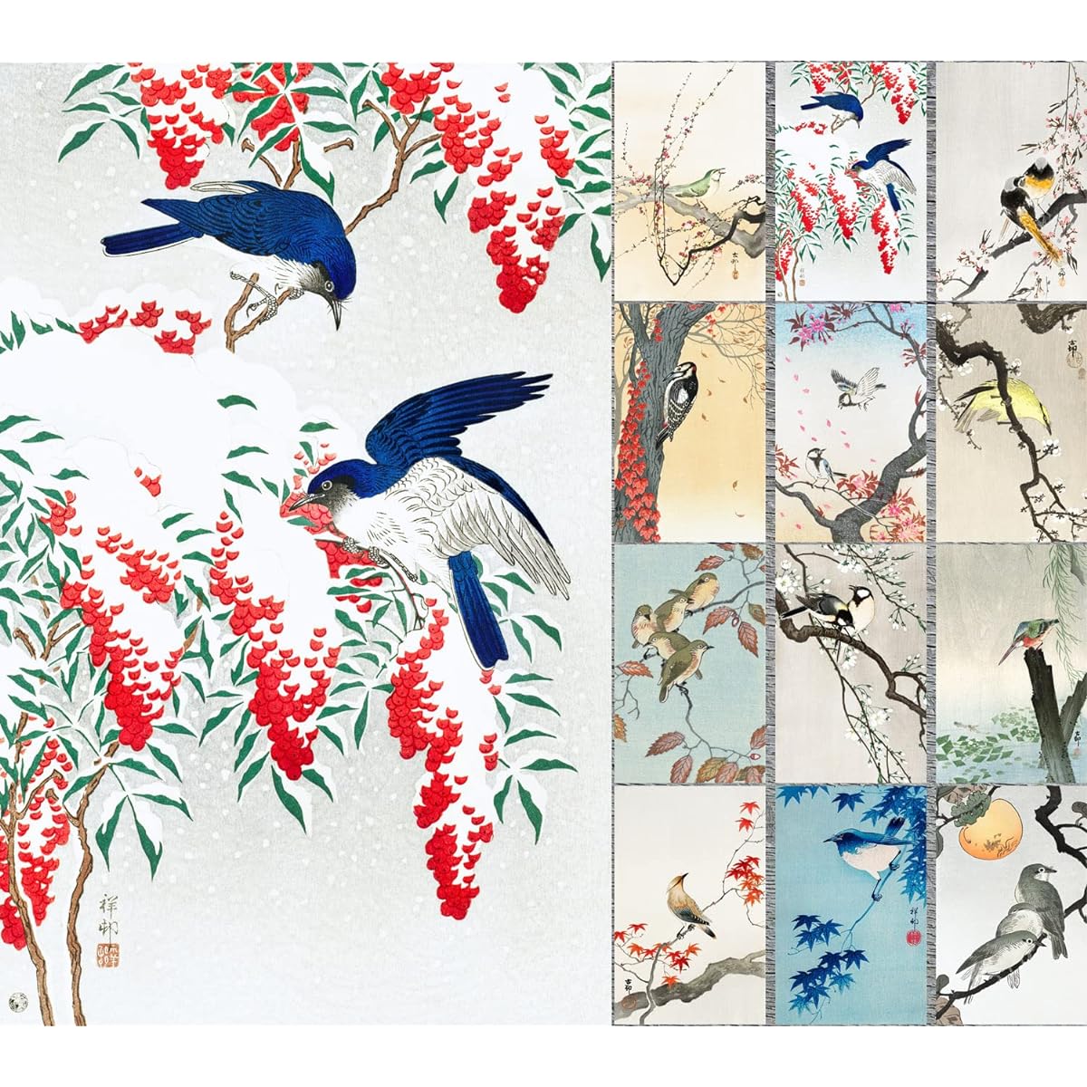 CROW AND RAVEN Greeting Cards 12pcs Large Folded Cards ~ KOSON OHARA Antique Japanese Woodblock Print Vintage Art Painting Nature Shinhanga Bird Wild Bird