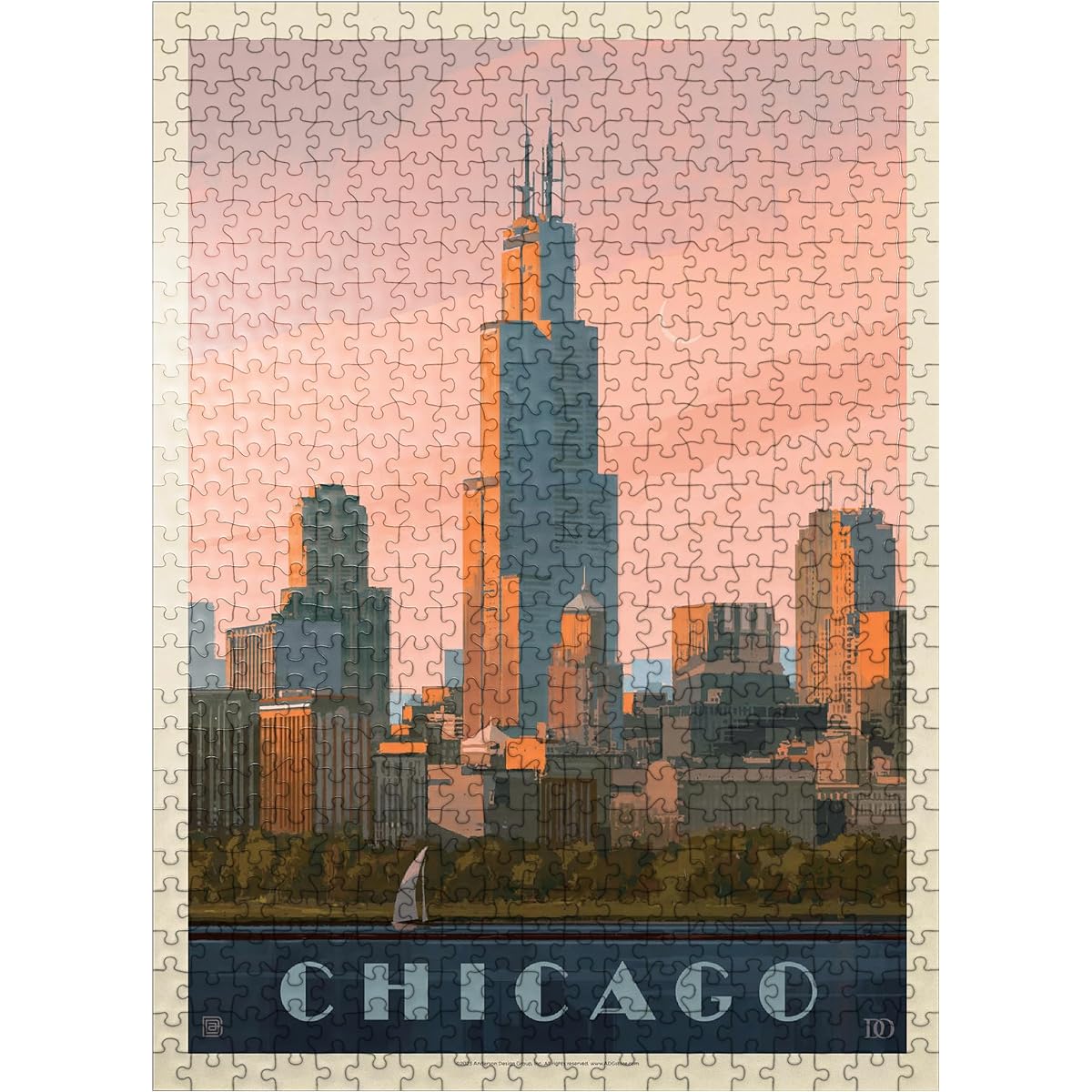 Chicago Skyline: Lake Michigan Vintage Poster - Premium 500 Piece Jigsaw Puzzle for Adults