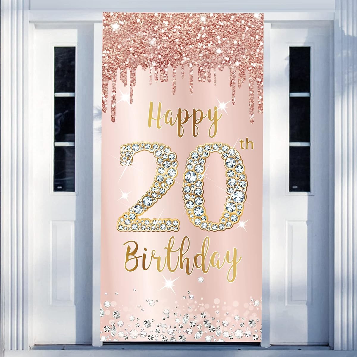 Happy 20th Birthday Door Banner Decoration Women Girls Pink Rose Gold 20th Birthday Door Cover Backdrop Sign Party Supplies 20th Birthday Poster Backdrop Photo Booth Props Decor