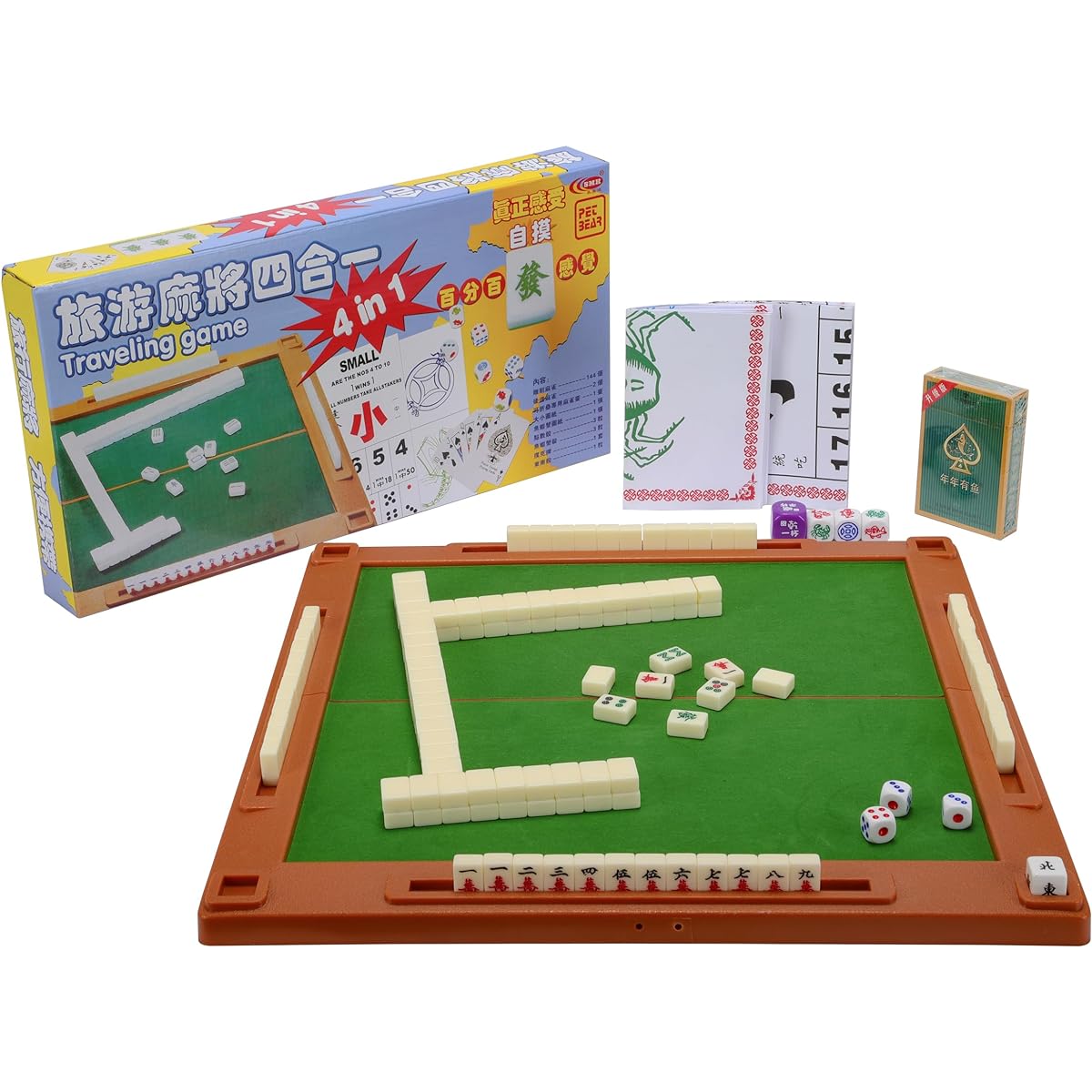 drizzle Travel Mahjong Travel Mahjong Set 4 in 1 with Mahjong Table - 146 Tiles Portable Size Mahjong - Poker Size Drawings of Fish, Shrimp and Crab - Travel Board Game for Dorms