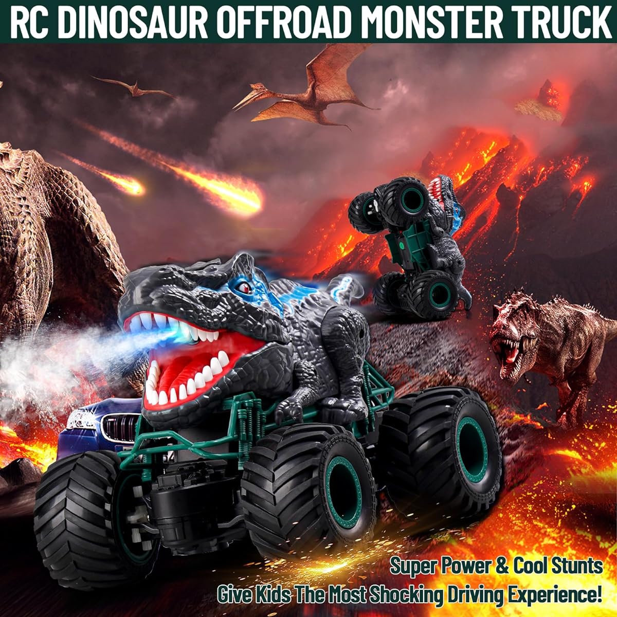 Cogwak Remote Control Dinosaur Car for Boys 2.4Ghz RC Monster Truck All Terrain Hobby Dinosaur RC Car Toy with Spray Light Sound Birthday Gift for Kids 3-12 Years Old (Gray)