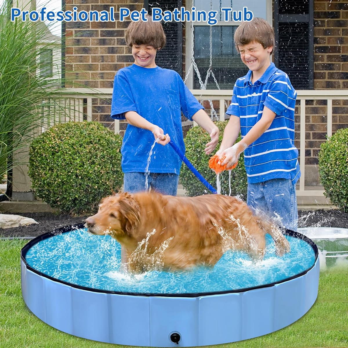 Thecvia Collapsible Dog Pool Hard Plastic Children's Pool for Toddlers 1-3 Years Old 63 Inch Blue Pet Bathing Tub Children's Swimming Pool Backyard Foldable Kids Pool Children's Pool for Dog Kitty