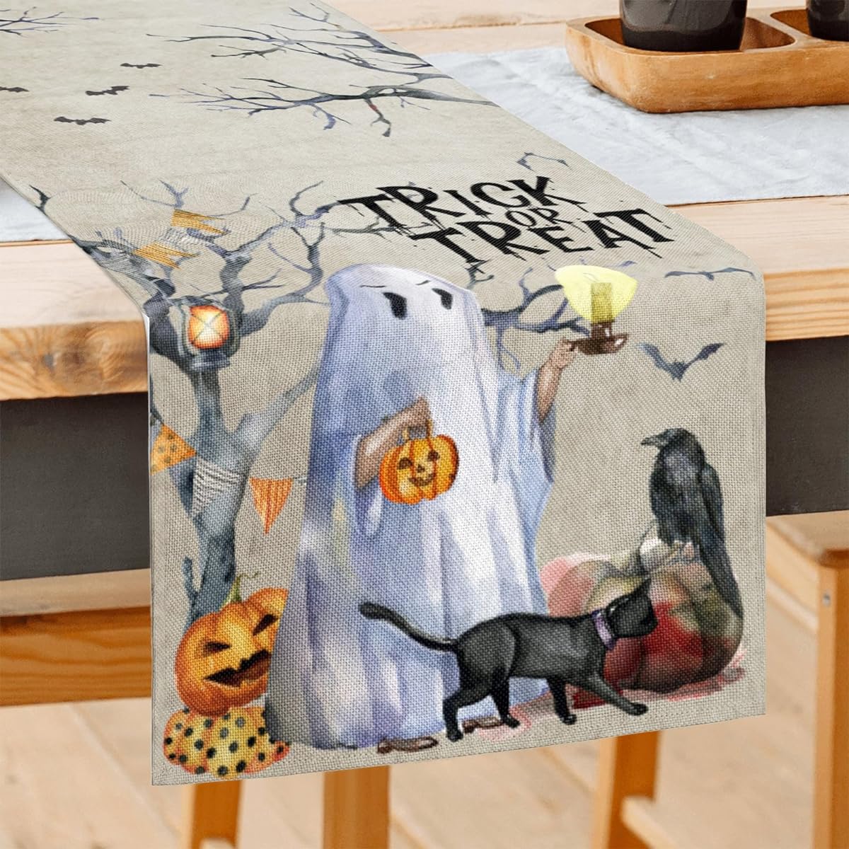 Halloween Table Runner Halloween Decorations Indoor Table Runner 72" Long Linen Farmhouse Style Home Party Decor (Halloween Table Runner 13" x 72")