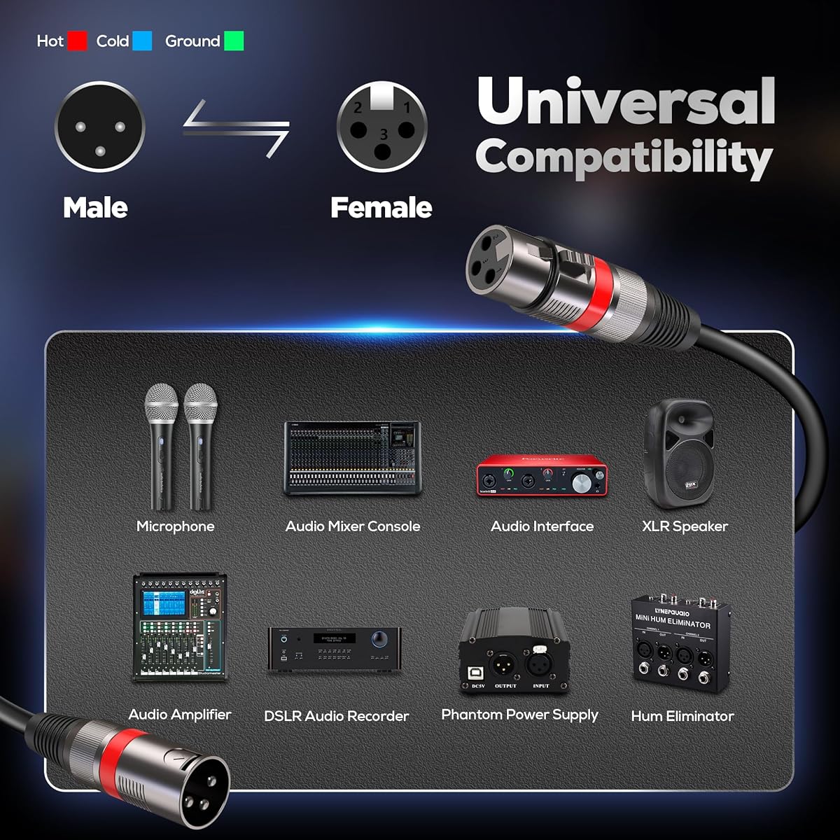 XLR Cables 50ft/16m 2 Pack Premium Heavy Duty Balanced Microphone Cable with 3 Pin XLR Male to Female Microphone Cord Connector Compatible with Microphones/Mixers/Speaker Systems/Preamps and More
