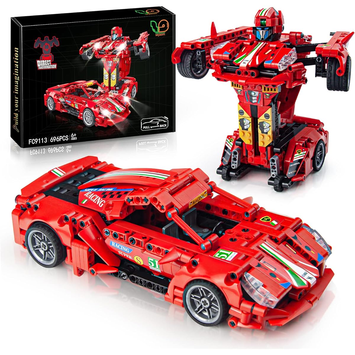 Seyaom Building Toys for Kids 2 in 1 Pull Back Robot Building Toy Car Unique Design Assembly Kit Racing Toy Transform into Robot Toy Creative Birthday Gift for Kids(696 Pieces)