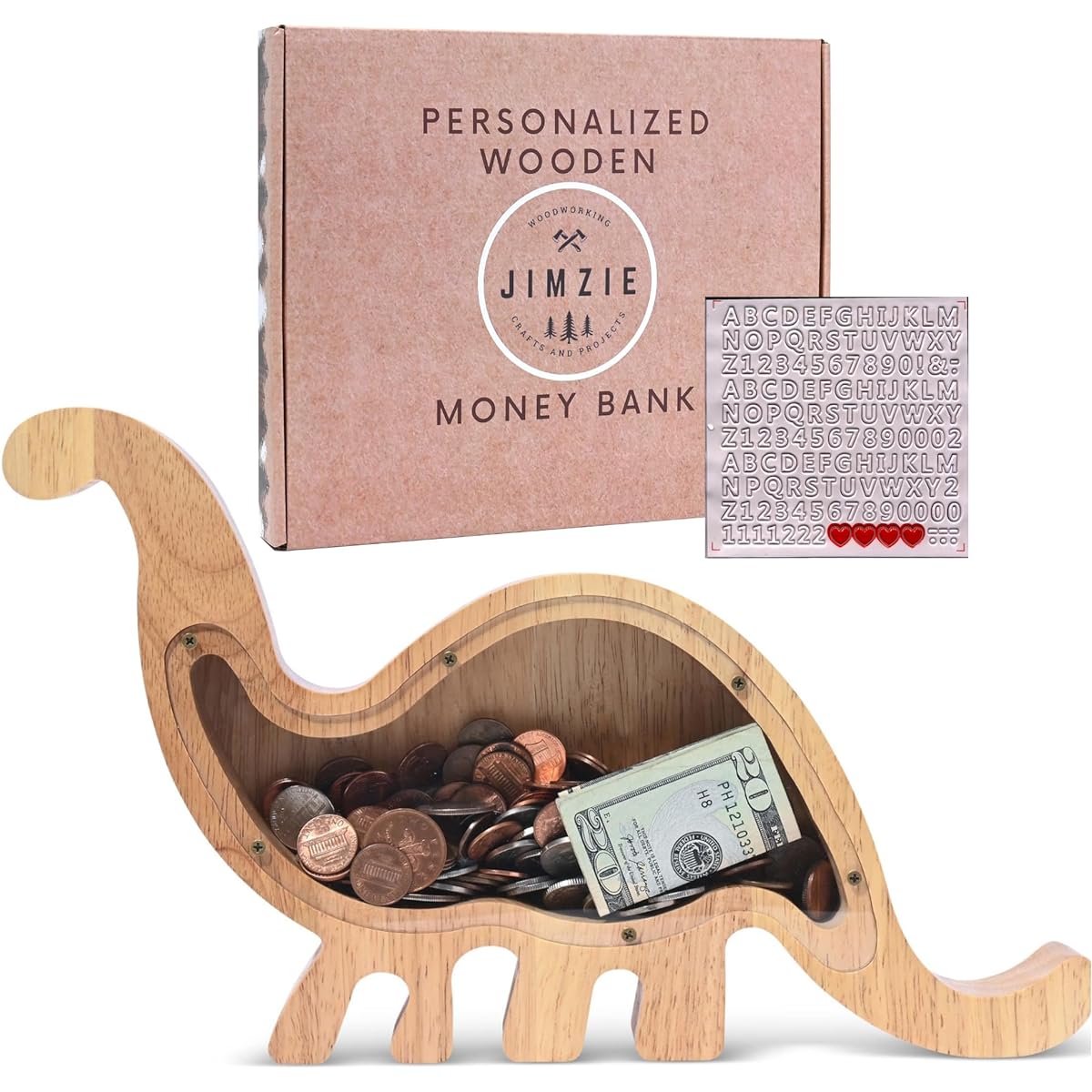 JIMZIE Wooden Dinosaur Money Box - Personalized Wooden Piggy Bank with Clear Window - Piggy Bank for Boys - Piggy Bank for Girls - Coin Bank Ideal Gift for Kids, Adults, Friends