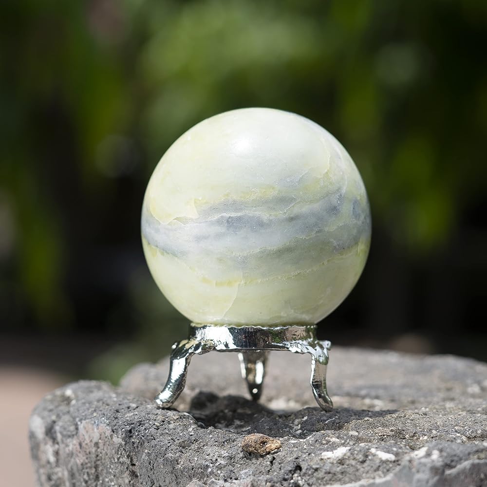 Crocon Serpentine Crystal Sphere and Metal Stand Gemstone Sphere Healing Ball Sculpture Feng Shui Fortune Telling Figurine Home Decor Size: 45-55 mm