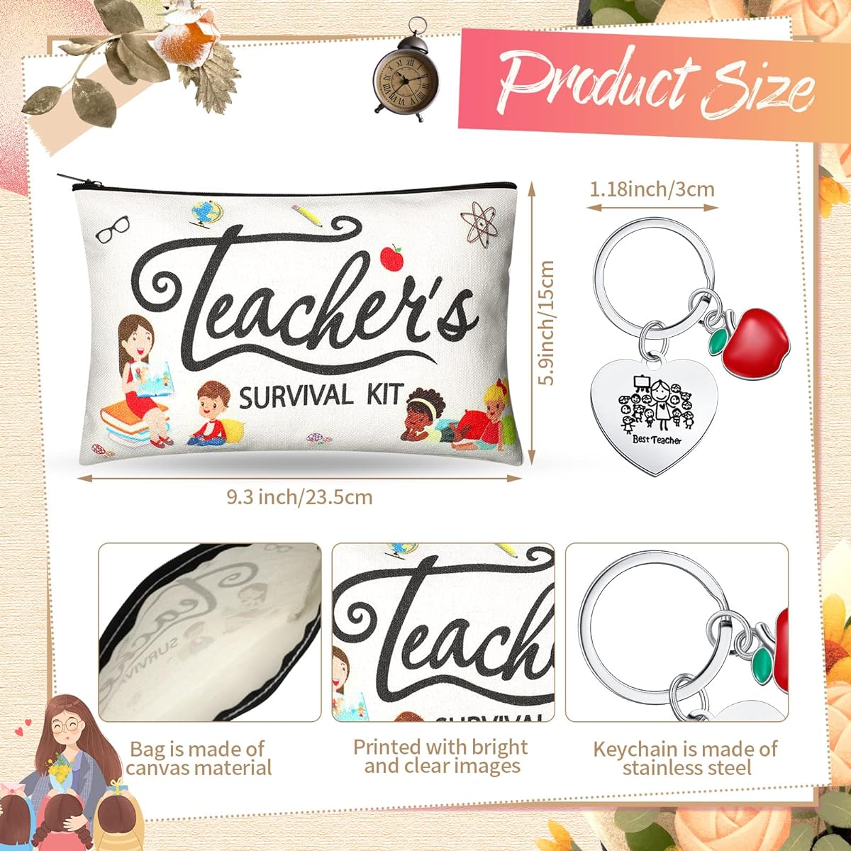 Teacher Appreciation Gift Set, 32 Piece Teacher Kit, 16 Piece Makeup Cosmetic Bag, Teacher Keychain, Valentine's Day Teacher Appreciation Gift