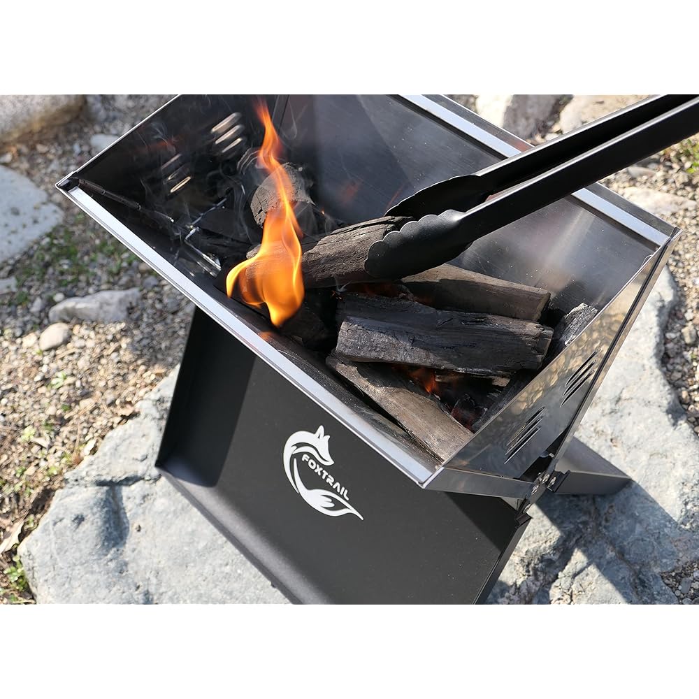 [FOXTRAIL] Folding BBQ Stove with Bag and Grill Tools for 2 to 4 People BBQ Outdoor & Camping Cooking/Bonfire Stand Stainless Steel Notebook Folding BBQ Stove