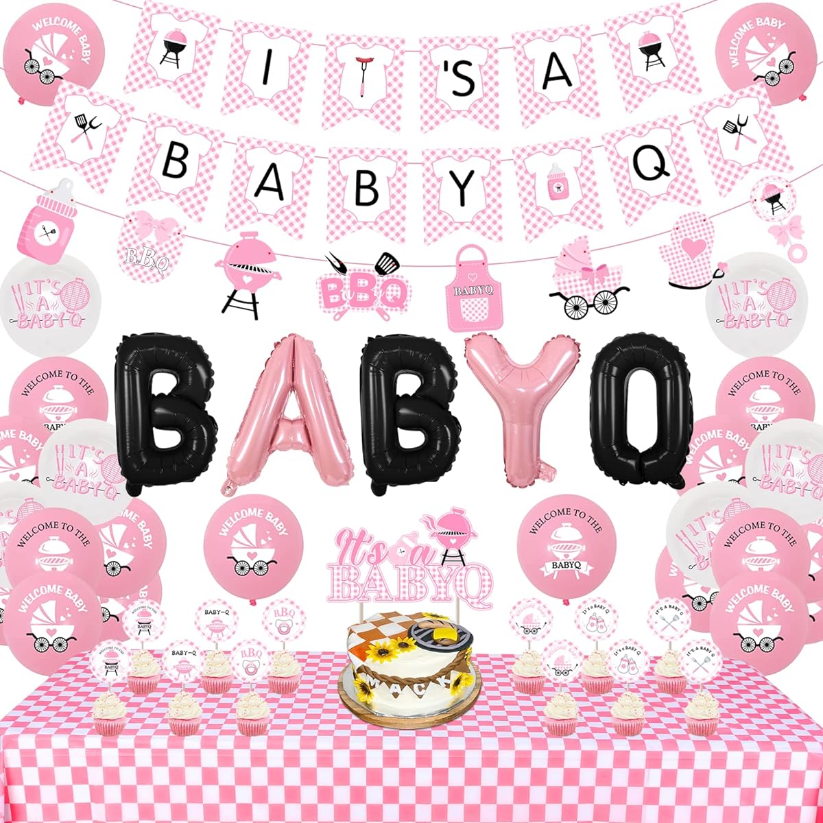 BBQ Baby Shower Decorations Girls Pink Baby Q Party Decorations Pink Plaid Tablecloth Baby Q Foil Balloons BBQ Theme Baby Shower Birthday Party