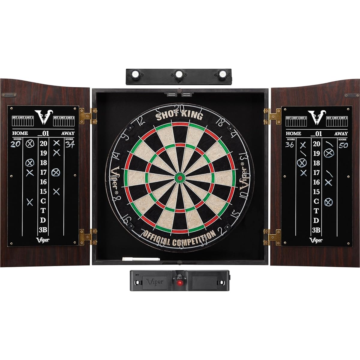 Viper Vault Cabinet & Shot King Sisal/Bristol Dartboard Ready to Play Set, Steel Tip Darts, Throw Line, Dry Erase Scoreboard, Walnut Finish