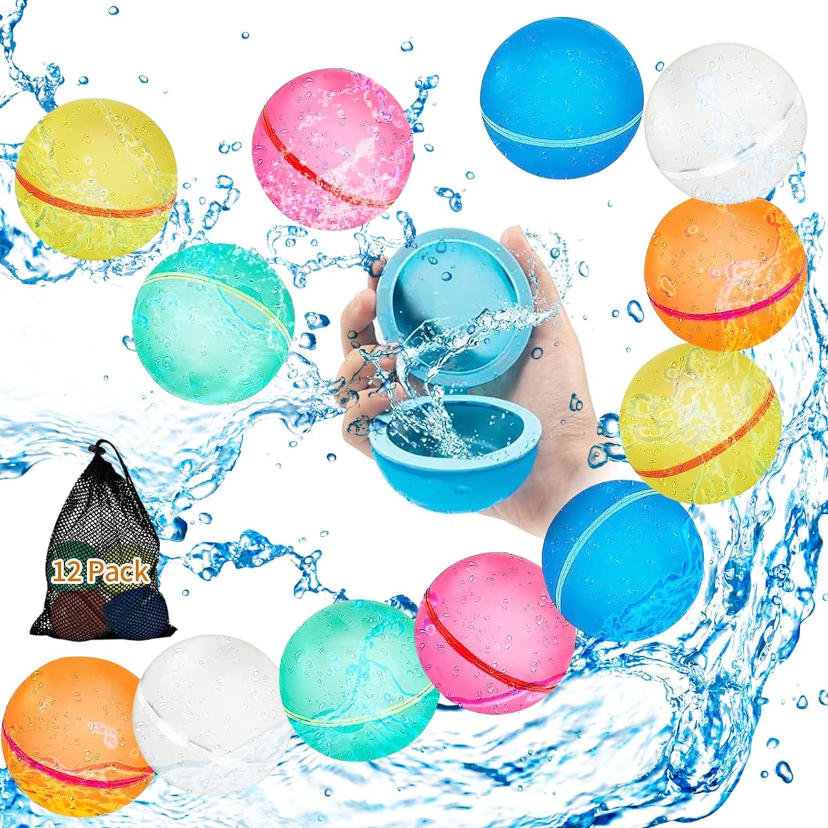 SMARTVIN 12pcs Reusable Magnetic Water Balloons Self-Sealing Quick-Fill Splash Balls with Mesh Bag, Perfect for Outdoor Games, Bath, Backyard Pool