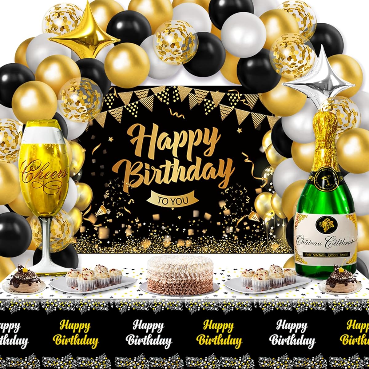 Black & Gold Birthday Decorations Black & Gold Party Decorations Gold Black Balloon Garland Happy Birthday Background Tablecloth Unisex Birthday Party Decorations