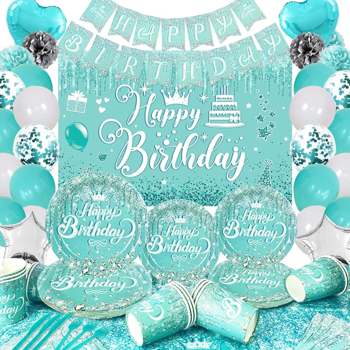 ssailue decor Teal and Silver Tableware Set Happy Birthday Party Decorations