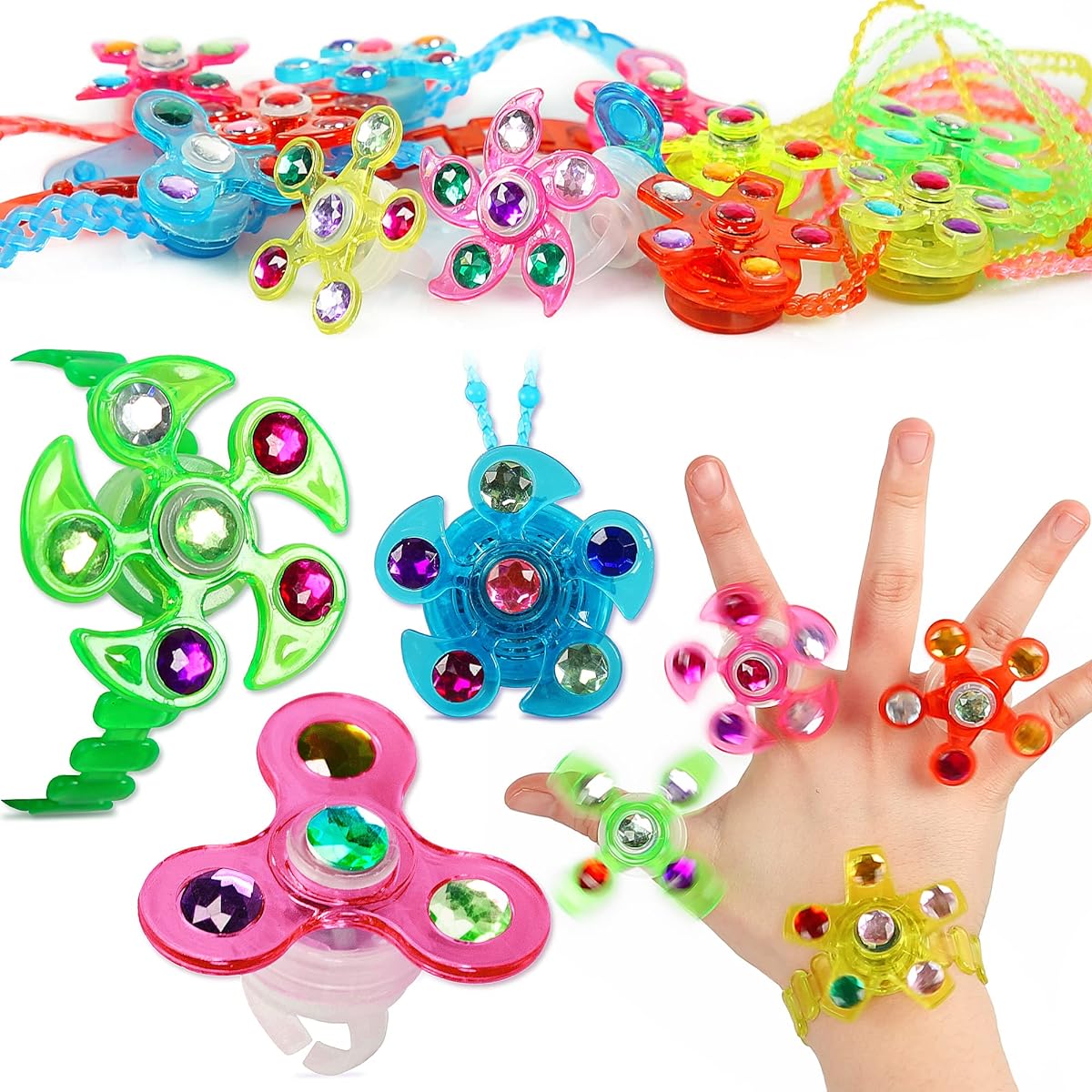 PROLOSO 18 Pack Light Up LED Rings Necklaces Bracelets Gyro Fidget Spiral Twister Toys Glow in the Dark Party Favors