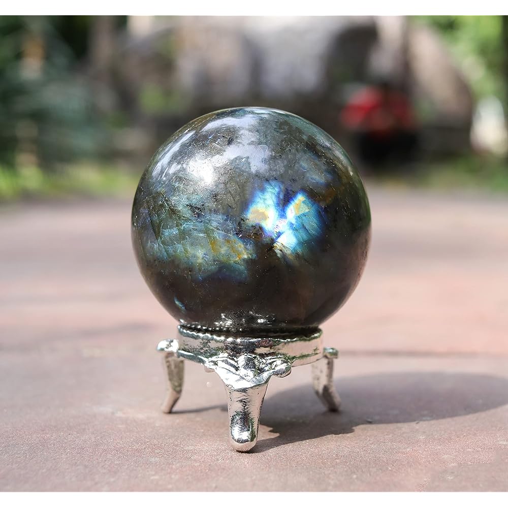 Crocon Labradorite Crystal Sphere and Metal Stand Gemstone Sphere Healing Ball Sculpture Feng Shui Fortune Telling Figurine Home Decor Size: 55-65 mm