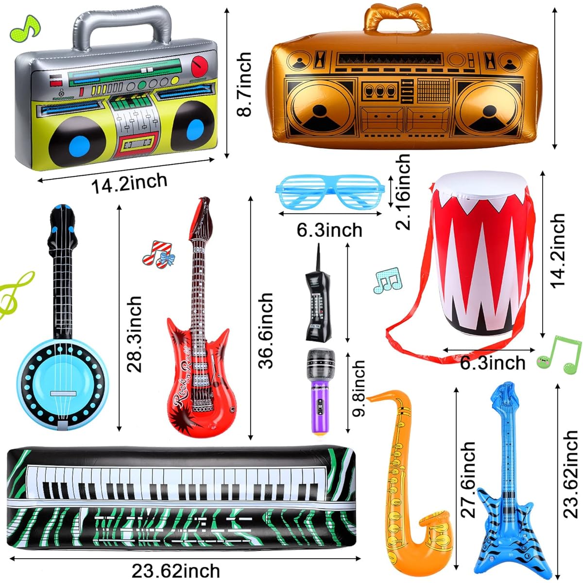 42 Pieces Inflatable Rock Star Toy Set, Inflatable Party Props Musical Instruments 80s Party Decorations 90s Theme Party Decorations, Including Inflatable Guitar, Bass Guitar, Saxophone Microphone and More