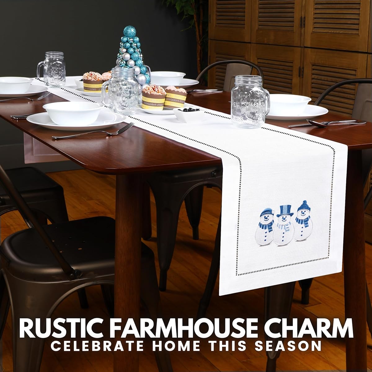 Brio Trends Christmas Decor - Elegant Blue & White Embroidered Snowman Table Runner with Hemstitched Border, Ideal Christmas Decorations for Winter Holidays and Farmhouse Decor (13" x 72")