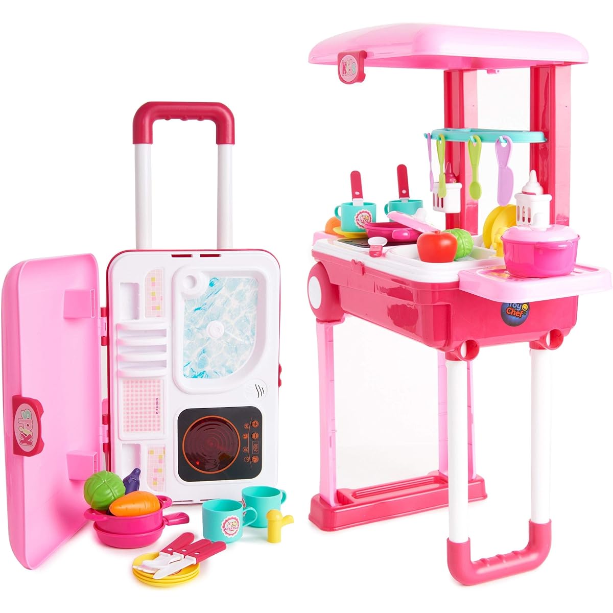 Toy Chef 2-in-1 Travel Suitcase Kitchen Set for Kids | Toy Pots, Pans, Dishes, Cookware, Food, ABS Plastic Pretend Play Kit for Boys & Girls | Great Gift Kitchen Pink BH1872