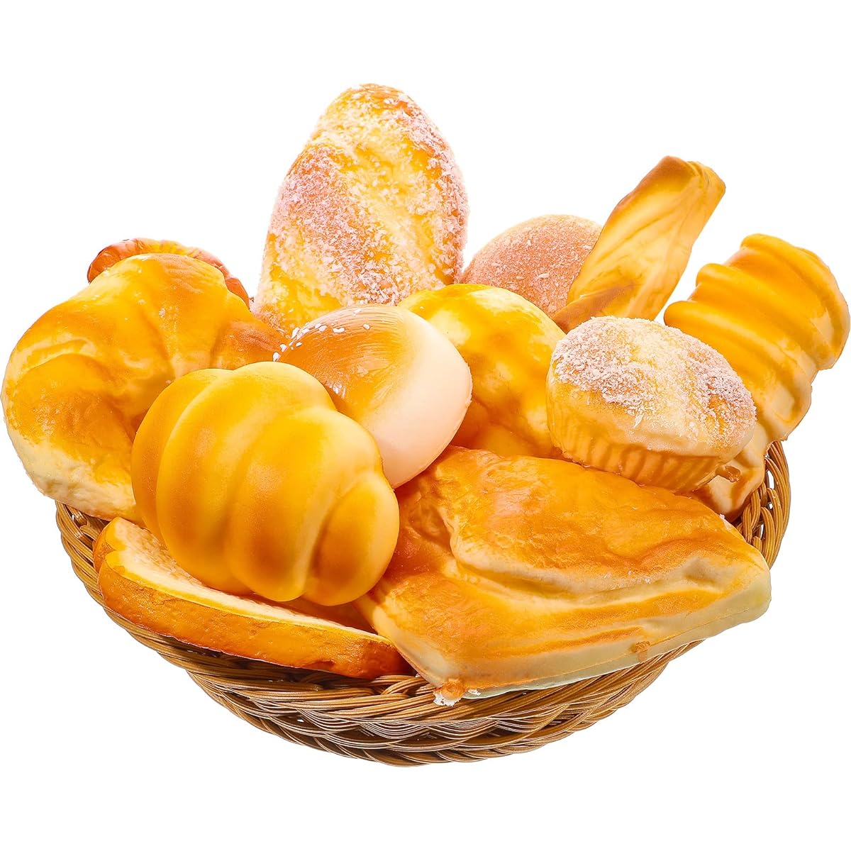 13 Pieces Rattan Woven Basket Realistic Artificial Toys Bread Scented Fake Croissant Dessert Decoration Toys Small Fake Toast Model Photo Props Kitchen Home Decoration Crafts